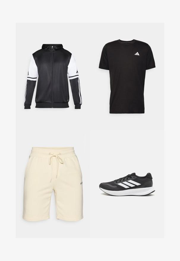 Črna zip-up kapuca z belimi rokavi in tremi belimi črtami ob rokavih. Narejena iz gladkega, lahkega materiala. Oblikovanje kapuce vključeno.; Črna bombažna majica s kratkimi rokavi, okroglim izrezom in belim logotipom na levem prsnem predelu. Gladka tekstura in preprost dizajn.; Kremne barve bombažni kratki hlače z elastičnim pasom, vezalko, stranskimi žepi in majhnim vezenim logotipom na levem robu.; Črne športne čevlje z zračnim mrežastim zgornjim delom, belimi akcenti in oblazinjeno podplatom. Imajo tri črte logo na strani.