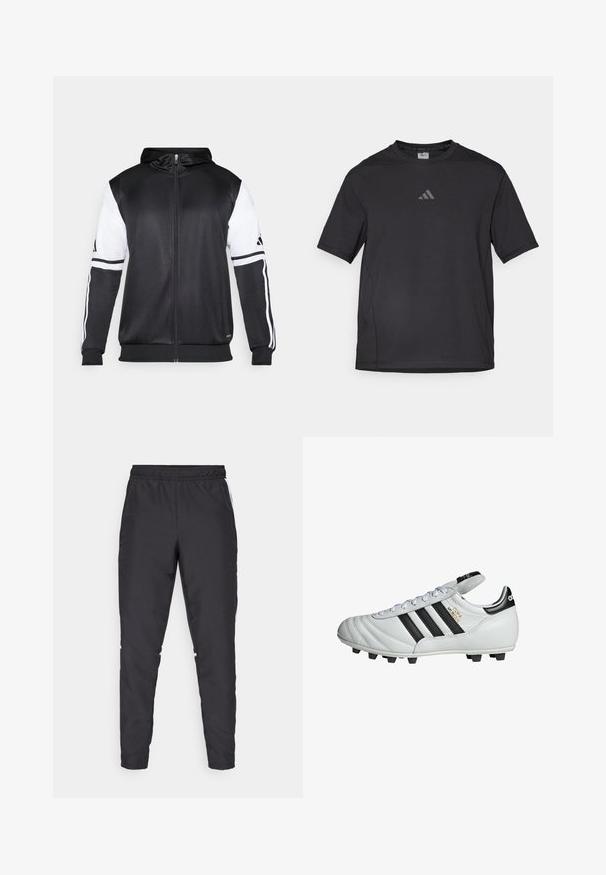 Black zip-up hoodie featuring white sleeves and three white stripes along the arms. Made from a smooth, lightweight fabric. Hoodie design included.; Black athletic t-shirt made of breathable material, featuring short sleeves, a round neck, and a reflective logo on the chest.; Black athletic pants with an elastic waistband, tapered legs, and white side accents. Made of synthetic material with a smooth texture.; adidas Performance COPA MUNDIAL FOOTBALL BOOTS FIRM GROUND - Firm-ground football boots - cloud white core black gold metallic
