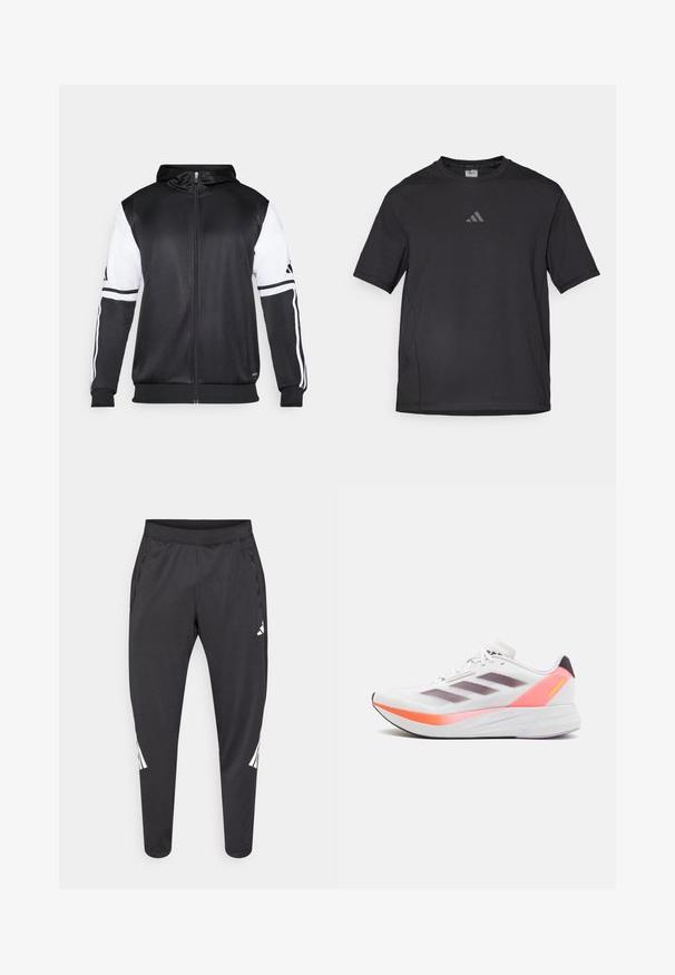 Sudadera con cremallera negra con mangas blancas y tres franjas blancas a lo largo de los brazos. Fabricada con un tejido suave y ligero. Diseño de sudadera incluido.; Camiseta deportiva negra hecha de material transpirable, con mangas cortas, cuello redondo y un logo reflectante en el pecho.; Pantalones deportivos negros con piernas ajustadas, cintura elástica, bolsillos laterales y detalles en logo y rayas blancas. Hechos de un material suave y ligero.; adidas Performance DURAMO SPEED - Zapatillas running asfalto - footwear white/aurora metallic/solar red