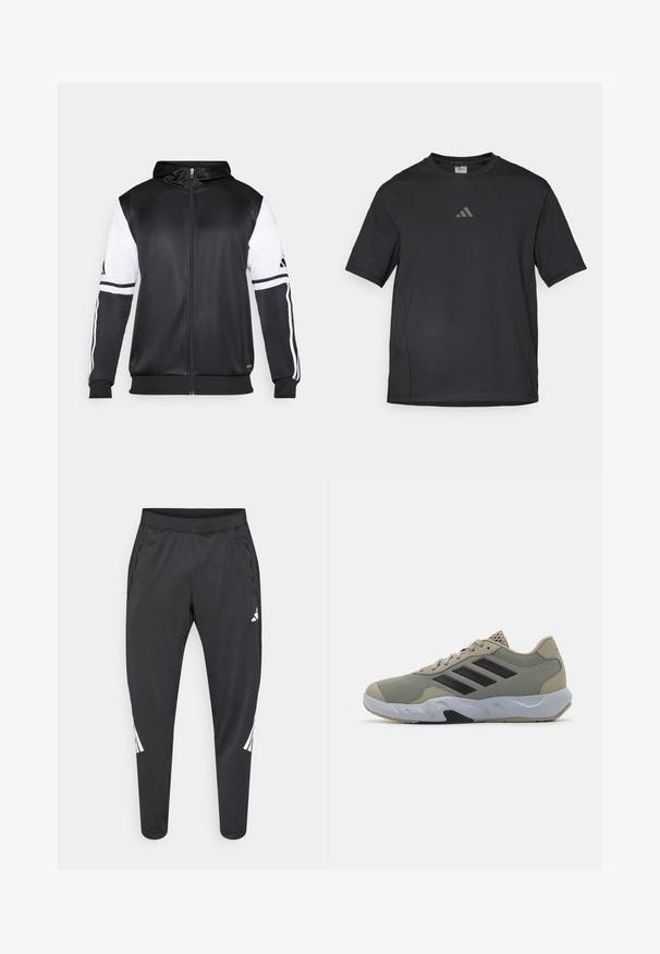 Zwarte zip-up hoodie met witte mouwen en drie witte strepen langs de armen. Gemaakt van een gladde, lichte stof. Inclusief ontwerp van de hoodie.; Zwart sport t-shirt van ademend materiaal, met korte mouwen, een ronde hals en een reflecterende logo op de borst.; Zwarte sportbroek met taps toelopende pijpen, elastische tailleband, zijzakken en witte logo- en streepdetails. Gemaakt van een glad, licht materiaal.; adidas Performance AMPLIMOVE - Trainingsschoen - silver pebble/core black/dash grey