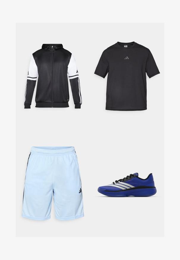 Juodas džinsinis užtrauktukas su baltais rankovėmis ir trimis baltais dryžiais ant rankų. Pagamintas iš lygaus, lengvo audinio. Džinsinio dizainas įtrauktas.; Juodas sportinis marškinėlis pagamintas iš kvėpuojančios medžiagos, su trumpomis rankovėmis, apvaliu kaklu ir atspindinčiu logotipu ant krūtinės.; adidas Performance Sportiniai šortai - glow blue/black; adidas Performance ADIZERO SELECT 3.0 - Krepšinio batai - lucid blue/core black/metallic
