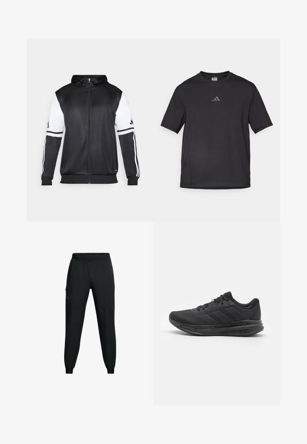 Svart hettegenser med glidelås som har hvite ermer og tre hvite striper langs armene. Laget av et glatt, lett stoff. Designet inkluderer hettegenseren.; Svart atletisk t-skjorte laget av pustende materiale, med korte ermer, rund hals og et reflekterende logo på brystet.; Sorte joggebukser med elastisk midje, tapered ben design, sidelommer og kontrasterende paneldetaljer. Lett, glatt stoff.; Svart idrettssko med mesh-overdel, gummisåle, teksturert design og tre striper på siden. Skummende polstring for komfort.