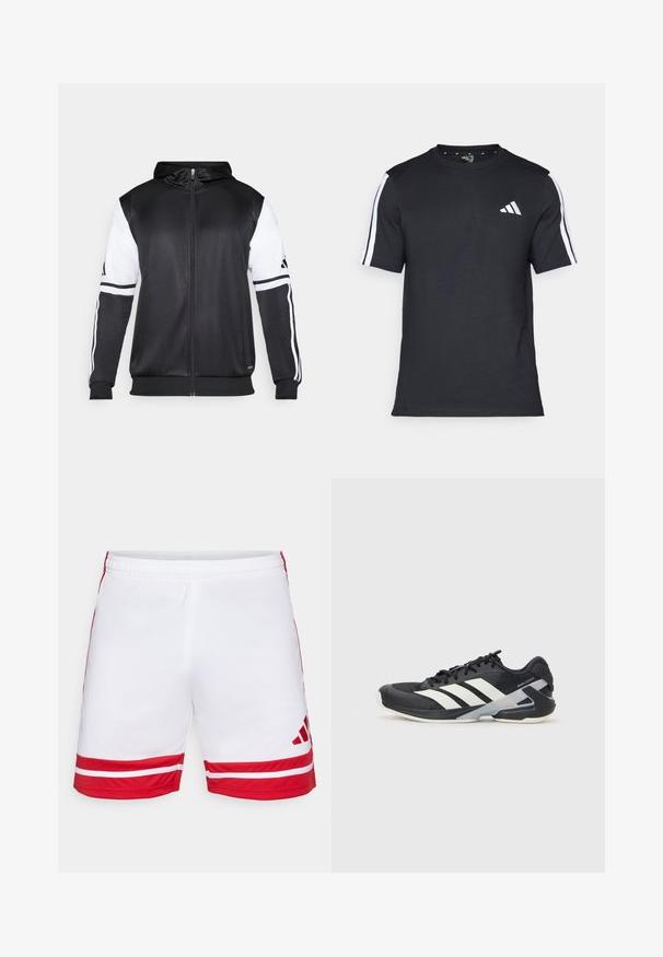 Svart zip-up hoodie med vita ärmar och tre vita ränder längs armarna. Tillverkad av ett mjukt och lätt tyg. Design av hoodie ingår.; Svart T-shirt i bomull med korta ärmar, prydd med vita ränder på axlarna och en vit logotyp på vänster bröst.; Vita sportshorts med röda detaljer, featuring två horisontella röda ränder vid nederkanten, elastisk midja, och en logotyp i nedre högra hörnet.; Svart atletisk sko med vita ränder, mesh-övre, rund tå och dämpad sula. Har en strukturerad häl och ett säkert snörningssystem.