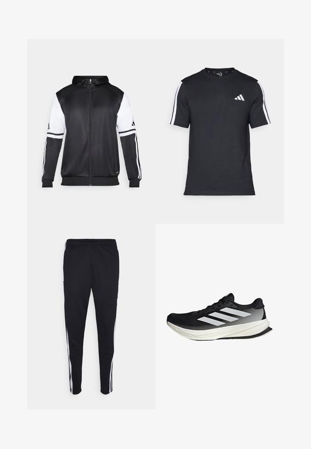 Black zip-up hoodie featuring white sleeves and three white stripes along the arms. Made from a smooth, lightweight fabric. Hoodie design included.; Black T-shirt made of cotton with short sleeves, featuring white stripes on the shoulders and a white logo on the left chest.; Black athletic pants with a relaxed fit, featuring white side stripes, a drawstring waist, and two side pockets. Made from soft fabric.; Black athletic shoe with a mesh design, featuring white stripes, a rounded toe, and a textured sole for grip and support.