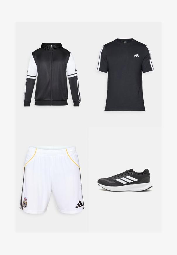 Fekete zipzáras kapucnis pulóver, fehér ujjakkal és három fehér csíkkal a karokon. Simább, könnyű anyagból készült. A kapucnis pulóver dizájnja is benne van.; Fekete, rövid ujjú pamut póló, fehér csíkokkal a vállain és fehér logóval a bal mellkason.; Fehér sportnadrág fekete oldalsávokkal és sárga kiegészítőkkel, bal lábon hímzett emblémával és rugalmas derékpánttal.; Fekete sportcipő légáteresztő hálós felsőrésszel, fehér kiegészítőkkel és párnázott talppal. Az oldalon három csíkkal ellátott logó található.
