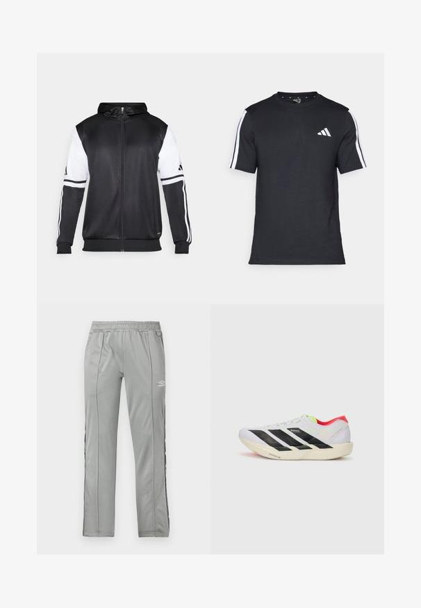Hanorac negru cu fermoar, având mâneci albe și trei dungi albe pe brațe. Fabricat dintr-un material neted și ușor. Designul hanoracului este inclus.; Tricou negru din bumbac, cu mâneci scurte, având dungi albe pe umeri și un logo alb pe pieptul stâng.; Pantaloni sport Umbro de culoare gri deschis, cu talie elastică și dungi negre și albe pe lateral, expuși pe un fundal alb.; Adidași albi pentru alergare cu dungi negre, accente verzi neon și toc roșu. Prezintă un design ușor și o talpă texturată pentru aderență.