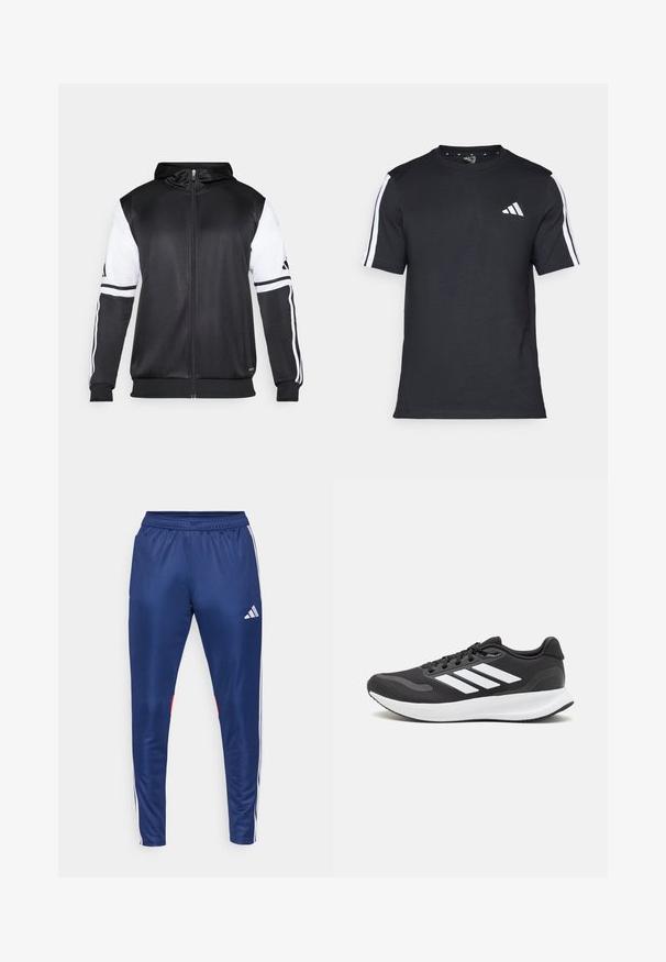 Schwarze Zip-Hoodie mit weißen Ärmeln und drei weißen Streifen entlang der Arme. Hergestellt aus einem glatten, leichten Stoff. Hoodie-Design enthalten.; Schwarzes T-Shirt aus Baumwolle mit kurzen Ärmeln, ausgestattet mit weißen Streifen auf den Schultern und einem weißen Logo auf der linken Brust.; Marinefarbene Sporthosen aus glattem Material mit weißen Seitenstreifen, elastischem Bund und einem roten Akzent am unteren Saum.; Schwarzer Sportschuh mit atmungsaktivem Mesh-Obermaterial, weißen Akzenten und einer gepolsterten Sohle. Mit drei Streifen-Logo an der Seite.