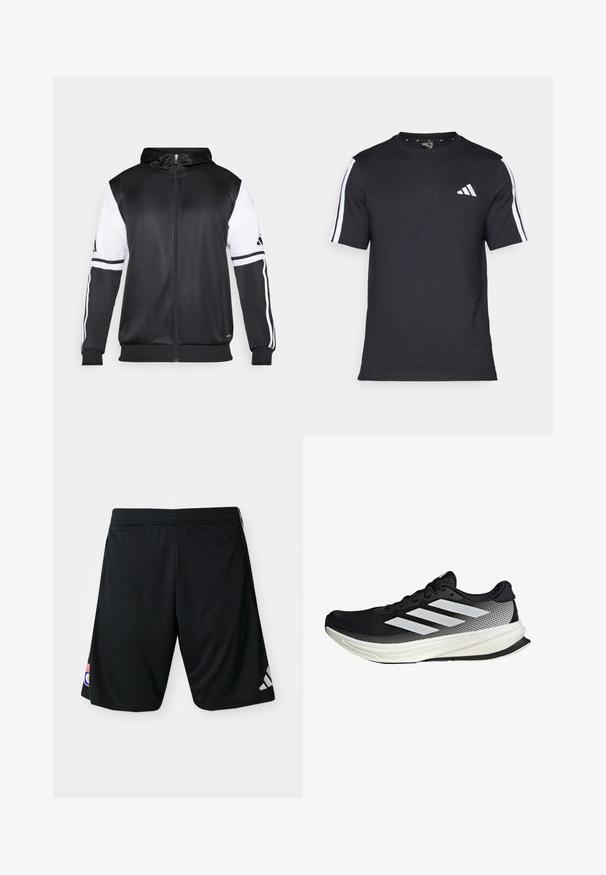 Czarna bluza z kapturem na zamek z białymi rękawami i trzema białymi paskami wzdłuż ramion. Wykonana z gładkiego, lekkiego materiału. Zawiera wzór bluzy z kapturem.; Czarna koszulka z krótkim rękawem, wykonana z bawełny, z białymi paskami na ramionach i białym logo po lewej stronie klatki piersiowej.; Czarne sportowe szorty z wykonane z gładkiego, lekkiego materiału. Posiadają elastyczny pas, logo Adidas w kolorze szarym oraz naszywkę z boku.; Czarny but sportowy z siateczkowym wzorem, z białymi paskami, zaokrąglonym noskiem i teksturowaną podeszwą dla lepszej przyczepności i wsparcia.