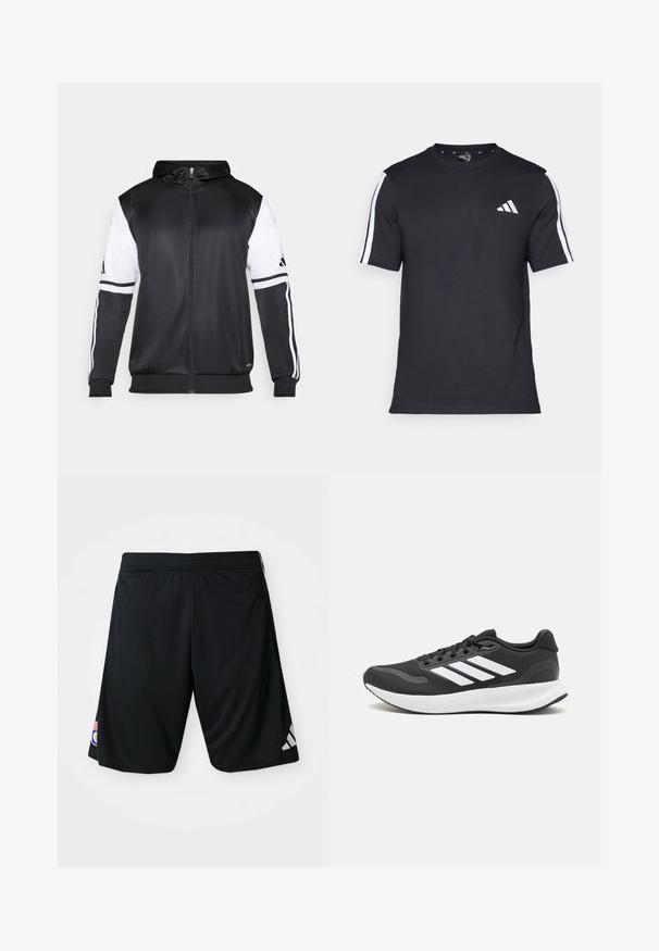 Čierna mikina s kapucňou na zips s bielymi rukávmi a tromi bielymi pruhmi pozdĺž rúk. Vyrobená z hladkej, ľahkej tkaniny. Design mikiny je zahrnutý.; Čierne tričko z bavlny s krátkymi rukávmi, s bielymi pruhmi na pleciach a bielym logom na ľavej hrudi.; Čierne atletické šortky vyrobené z hladkej, ľahkej tkaniny. Obsahujú elastický pás, logo Adidas v sivej farbe a nášivku na boku.; Čierna športová obuv s priedušným sieťovaným zvrškom, bielymi akcentmi a polstrovanou podrážkou. Na bočnej strane sa nachádza logo so tromi pruhmi.