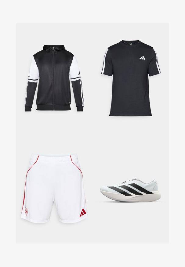 Sweatshirt preto com fecho, apresentando mangas brancas e três riscas brancas ao longo dos braços. Feito de um tecido suave e leve. Design do capuz incluído.; T-shirt preto feito de algodão, com mangas curtas, apresentando riscas brancas nos ombros e um logótipo branco no lado esquerdo do peito.; Calções atléticos brancos com detalhes laterais vermelhos, cintura elástica, apresentando um logótipo da equipa bordado e o logótipo da Adidas na bainha.; Tênis de corrida leves em azul pálido com riscas pretas. Apresentam um cabedal liso, bico redondo e uma entressola espessa branca rotulada como "LIGHTSTRIKE PRO."