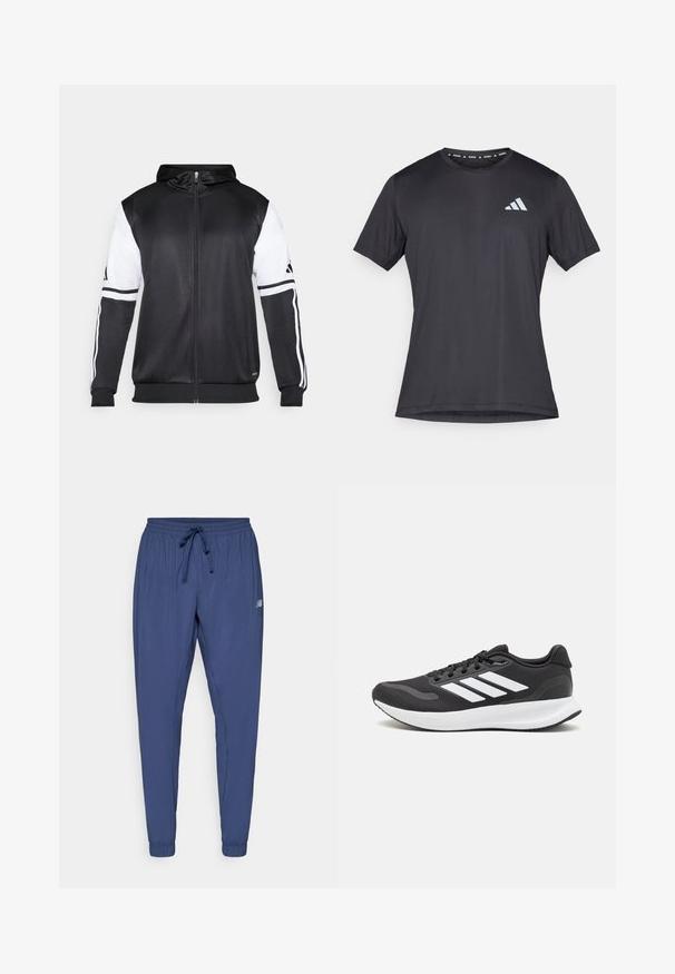 Fekete zipzáras kapucnis pulóver, fehér ujjakkal és három fehér csíkkal a karokon. Simább, könnyű anyagból készült. A kapucnis pulóver dizájnja is benne van.; Fekete sportpóló, rövid ujjú, kerek nyakkivágással, könnyű anyagból készült. Első részén fényvisszaverő Adidas logó található.; Tengerészkék sportnadrág, elasztikus derékrésszel, behúzó zsinórral és beszűkülő szárakkal. Oldalsó zsebekkel és egy kis logóval az egyik lábon.; Fekete sportcipő légáteresztő hálós felsőrésszel, fehér kiegészítőkkel és párnázott talppal. Az oldalon három csíkkal ellátott logó található.