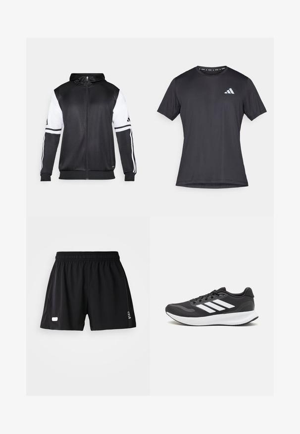 Sudadera con cremallera negra con mangas blancas y tres franjas blancas a lo largo de los brazos. Fabricada con un tejido suave y ligero. Diseño de sudadera incluido.; Camiseta deportiva negra, de manga corta y cuello redondo, hecha de tela ligera. Presenta un logo reflectante de Adidas en la parte frontal.; Pantalones cortos deportivos negros con cinturilla elástica. Textura suave, aberturas laterales para mayor movilidad y un logo blanco en la parte inferior izquierda.; Zapatilla deportiva negra con parte superior de malla transpirable, acentos en blanco y una suela acolchada. Presenta el logo de tres rayas en el costado.