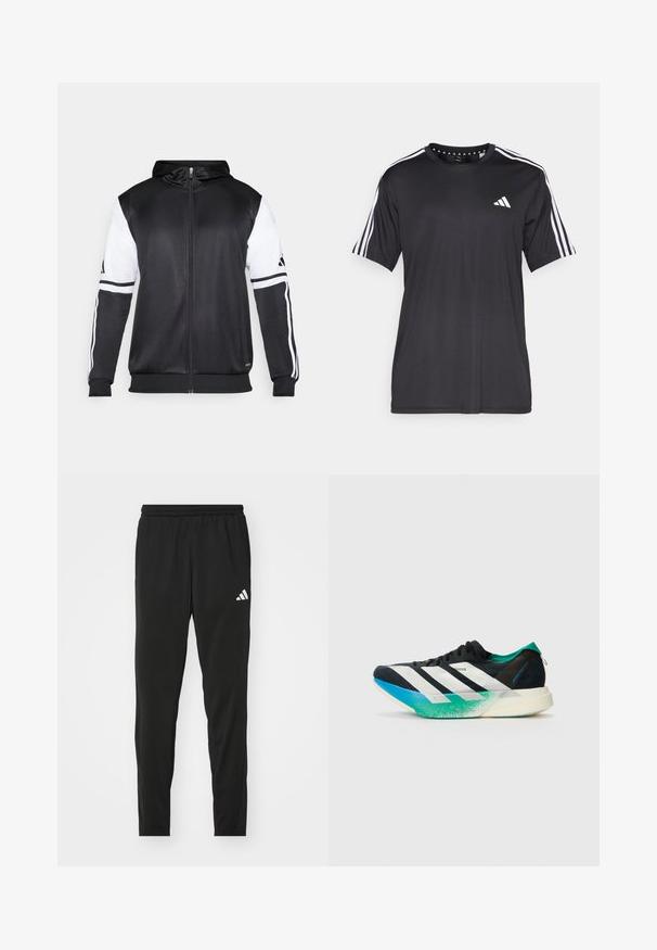 Hanorac negru cu fermoar, având mâneci albe și trei dungi albe pe brațe. Fabricat dintr-un material neted și ușor. Designul hanoracului este inclus.; Tricou negru cu mânecă scurtă, cu un design cu trei dungi albe pe umeri și logo pe piept. Fabricat dintr-un material breathable, cu o textură fină.; Pantaloni de sport negri cu talie elastică, design tapered și logo Adidas alb pe coapsa stângă. Material neted și ușor.; Pantofii sport negri cu dungi albe, accente verzi teal și o talpă cu un gradient de la albastru la verde. Design ușor cu parte superioară texturată.