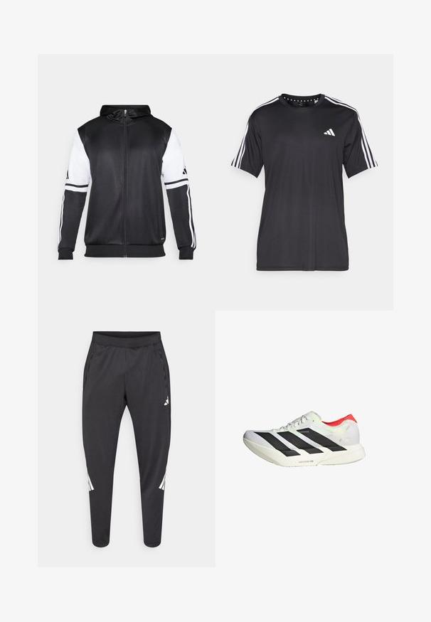 Sweatshirt preto com fecho, apresentando mangas brancas e três riscas brancas ao longo dos braços. Feito de um tecido suave e leve. Design do capuz incluído.; T-shirt preta de mangas curtas com um design de três riscas brancas nos ombros e logótipo no peito. Feita de um tecido respirável, de textura suave.; Calças atléticas pretas com pernas afiladas, cintura elástica, bolsos laterais e detalhes em logo e riscas brancas. Confeccionadas em material liso e leve.; Sapatilha atlética branca com riscas diagonais pretas, destaques vermelhos no calcanhar e um acabamento texturizado; apresenta amortecimento LIGHTSTRIKE PRO.