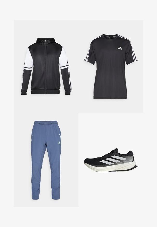 Czarna bluza z kapturem na zamek z białymi rękawami i trzema białymi paskami wzdłuż ramion. Wykonana z gładkiego, lekkiego materiału. Zawiera wzór bluzy z kapturem.; Czarny t-shirt z krótkim rękawem z białym wzorem trzech pasków na ramionach i logo na klatce piersiowej. Wykonany z oddychającego materiału, o gładkiej fakturze.; Granatowe spodnie sportowe wykonane z lekkiego materiału, z elastycznym pasem, zwężającym się krojem nogawek oraz białym logo marki z boku.; Czarny but sportowy z siateczkowym wzorem, z białymi paskami, zaokrąglonym noskiem i teksturowaną podeszwą dla lepszej przyczepności i wsparcia.