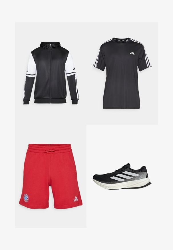 Čierna mikina s kapucňou na zips s bielymi rukávmi a tromi bielymi pruhmi pozdĺž rúk. Vyrobená z hladkej, ľahkej tkaniny. Design mikiny je zahrnutý.; Čierne tričko s krátkym rukávom s bielym trojprúžkom na pleciach a logom na hrudi. Vyrobené z priedušného materiálu, hladká textura.; Červené športové šortky z jemného, priedušného materiálu. Obsahujú elastický pás so šnúrkou, logo FC Bayern München a značku Adidas.; Čierna atletická topánka s dizajnom z mriežky, s bielymi prúžkami, zaoblenou špičkou a textúrovanou podrážkou pre lepšiu priľnavosť a podporu.
