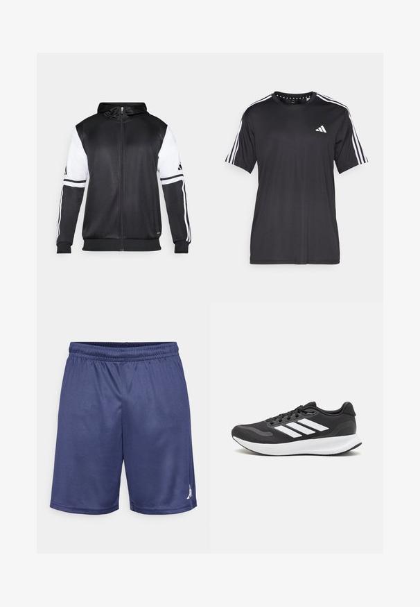 Sweatshirt preto com fecho, apresentando mangas brancas e três riscas brancas ao longo dos braços. Feito de um tecido suave e leve. Design do capuz incluído.; T-shirt preta de mangas curtas com um design de três riscas brancas nos ombros e logótipo no peito. Feita de um tecido respirável, de textura suave.; Calções atléticos azul-marinho feitos de tecido que elimina a umidade, apresentando uma cintura elástica e um pequeno logótipo na parte inferior.; Shoe de atletismo preto com parte superior em malha respirável, detalhes brancos e sola almofadada. Apresenta o logotipo das três riscas na lateral.