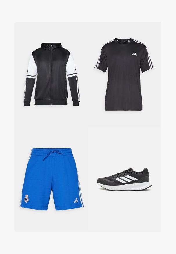 Svart hettegenser med glidelås som har hvite ermer og tre hvite striper langs armene. Laget av et glatt, lett stoff. Designet inkluderer hettegenseren.; Svart kortermet t-skjorte med hvit tre-stripesdesign på skuldrene og logo på brystet. Laget av pustevennlig stoff med glatt tekstur.; adidas Performance REAL MADRID DNAWAY SHORTS - Klubbklær - collegiate royal; Svarte sportsko med pustende mesh-overdel, hvite detaljer og en polstret såle. Har tre striper-logo på siden.