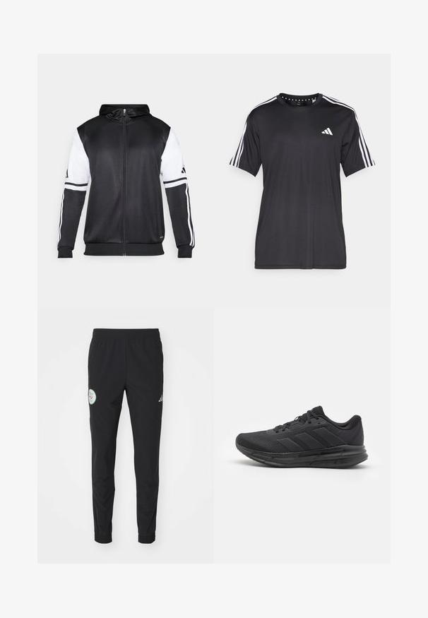 Zwarte zip-up hoodie met witte mouwen en drie witte strepen langs de armen. Gemaakt van een gladde, lichte stof. Inclusief ontwerp van de hoodie.; Zwarte t-shirt met korte mouwen, voorzien van een witte drie-strepen design op de schouders en een logo op de borst. Gemaakt van ademend materiaal met een zachte textuur.; Zwarte sportbroek met een elastische tailleband, ritszakken, taps toelopende pijpen en een cirkelvormige logopatch op de linkerdij.; Zwarte sportief schoen met een bovenzijde van gaas, rubberen zool, een gestructureerd ontwerp en drie streepdetails aan de zijkant. Schuimvering voor comfort.