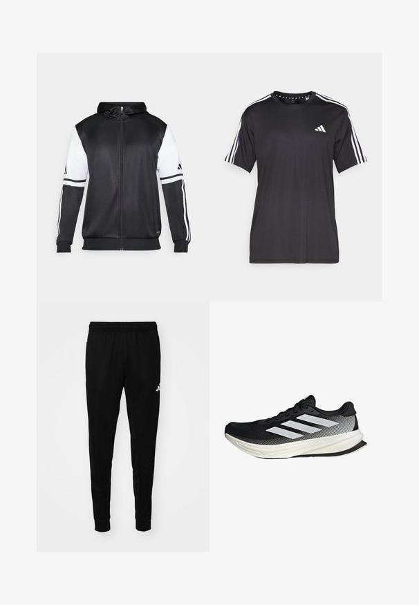 Čierna mikina s kapucňou na zips s bielymi rukávmi a tromi bielymi pruhmi pozdĺž rúk. Vyrobená z hladkej, ľahkej tkaniny. Design mikiny je zahrnutý.; Čierne tričko s krátkym rukávom s bielym trojprúžkom na pleciach a logom na hrudi. Vyrobené z priedušného materiálu, hladká textura.; Čierne športové nohavice vyrobené z ľahkého materiálu, s elastickým pásom, zúženými nohavicami a bielym logom na boku.; Čierna atletická topánka s dizajnom z mriežky, s bielymi prúžkami, zaoblenou špičkou a textúrovanou podrážkou pre lepšiu priľnavosť a podporu.