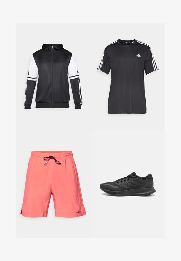 Černá mikina na zip s bílými rukávy a třemi bílými pruhy podél ramen. Vyrobena z hladkého, lehkého materiálu. Design mikiny je zahrnut.; Černé tričko s krátkým rukávem a bílým designem se třemi pruhy na ramenou a logem na hrudi. Vyrobeno z prodyšného materiálu, hladká textura.; Korálové plavky vyrobené z lehkého materiálu, s elastickým pasem a vnějším černým šňůrkami, se bočními rozparky a detaily loga.; Černé sportovní boty s síťovinovým svrškem, hladkými textilními detaily, kulatou špičkou, plochými tkaničkami a texturovanou gumovou podrážkou pro lepší přilnavost.