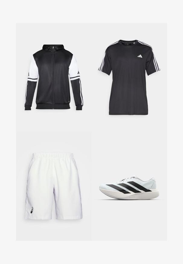 Fekete zipzáras kapucnis pulóver, fehér ujjakkal és három fehér csíkkal a karokon. Simább, könnyű anyagból készült. A kapucnis pulóver dizájnja is benne van.; Fekete, rövid ujjú póló, fehér háromcsíkos mintával a vállakon és logóval a mellkasán. Lélegző anyagból készült, sima tapintású.; Fehér sportnadrág elasztikus derékkal és egy kis fekete logóval a bal oldalon. Sima, könnyű anyag, egyenes vonalú fazon.; Világoskék, fekete csíkos könnyű futószerek. Simább felső résszel, kerek orral és vastag fehér középtalppal, amelyen a "LIGHTSTRIKE PRO" felirat olvasható.