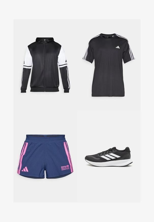 Svart zip-up hoodie med vita ärmar och tre vita ränder längs armarna. Tillverkad av ett mjukt och lätt tyg. Design av hoodie ingår.; Svart t-shirt med kort ärm och vit tre-stripes design på axlarna samt logotyp på bröstet. Tillverkad av andningsbart tyg med slät textur.; adidas Performance BER25 SPLIT SHORT - Träningsshorts - collegiate navy; Svart atletisk sko med andningsbar mesh-överdel, vita detaljer och en dämpad sula. Har tre ränder logo på sidan.