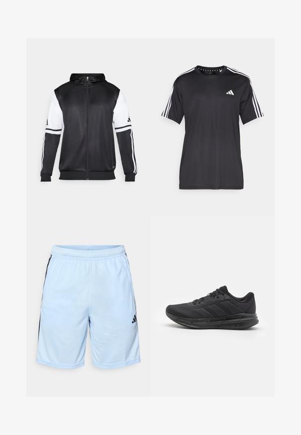 Must eltavõttega must kapuutsiga sviiter, millel on valged varrukad ja kolm valget triipu mööda käsi. Valmistatud siledast ja kergest kangast. Kapuutsi disain on kaasatud.; Mustaline lühikeste varrukatega t-särk musta värviga, millel on valge kolme triibu disain õlgadel ja logo rinnal. Valmistatud hingavast kangast, sile tekstuur.; adidas Performance Spordišortsid - glow blue/black; Must have spordijalanõud, millel on võrgust ülemine osa, kummist tald, tekstuuriga disain ja kolm triipu külgedel. Vahtpolsterdus mugavuse tagamiseks.