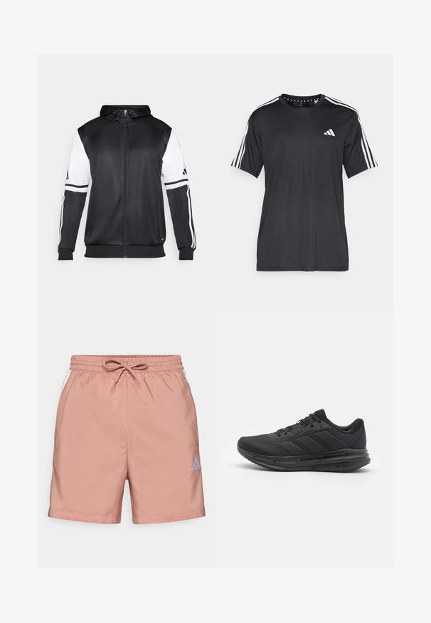 Černá mikina na zip s bílými rukávy a třemi bílými pruhy podél ramen. Vyrobena z hladkého, lehkého materiálu. Design mikiny je zahrnut.; Černé tričko s krátkým rukávem a bílým designem se třemi pruhy na ramenou a logem na hrudi. Vyrobeno z prodyšného materiálu, hladká textura.; Světle růžové šortky s elastickým pasem a stahovací šňůrkou. Obsahují bílé boční panely a malé modré logo Adidas na dolní části nohy.; Černá sportovní obuv s prodyšným svrškem, gumovou podrážkou, texturovaným designem a detaily tří pruhů na boku. Pěnové polstrování pro pohodlí.