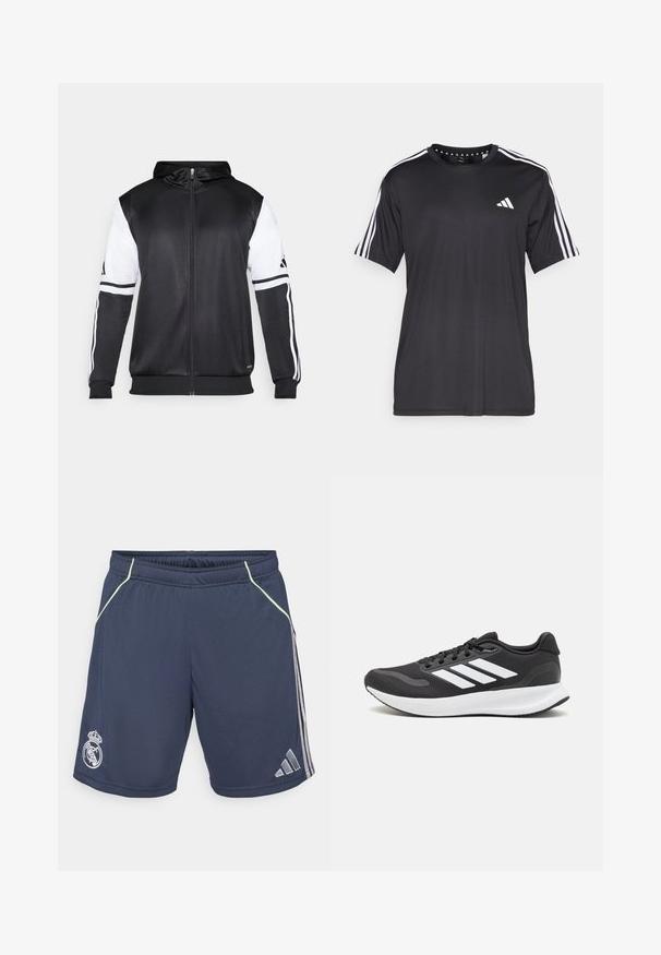 Sweatshirt preto com fecho, apresentando mangas brancas e três riscas brancas ao longo dos braços. Feito de um tecido suave e leve. Design do capuz incluído.; T-shirt preta de mangas curtas com um design de três riscas brancas nos ombros e logótipo no peito. Feita de um tecido respirável, de textura suave.; Calções atléticos da Marinha feitos de um tecido suave, com costuras em tom de verde-claro e riscas prateadas nas laterais. Inclui um logo do Real Madrid.; Shoe de atletismo preto com parte superior em malha respirável, detalhes brancos e sola almofadada. Apresenta o logotipo das três riscas na lateral.