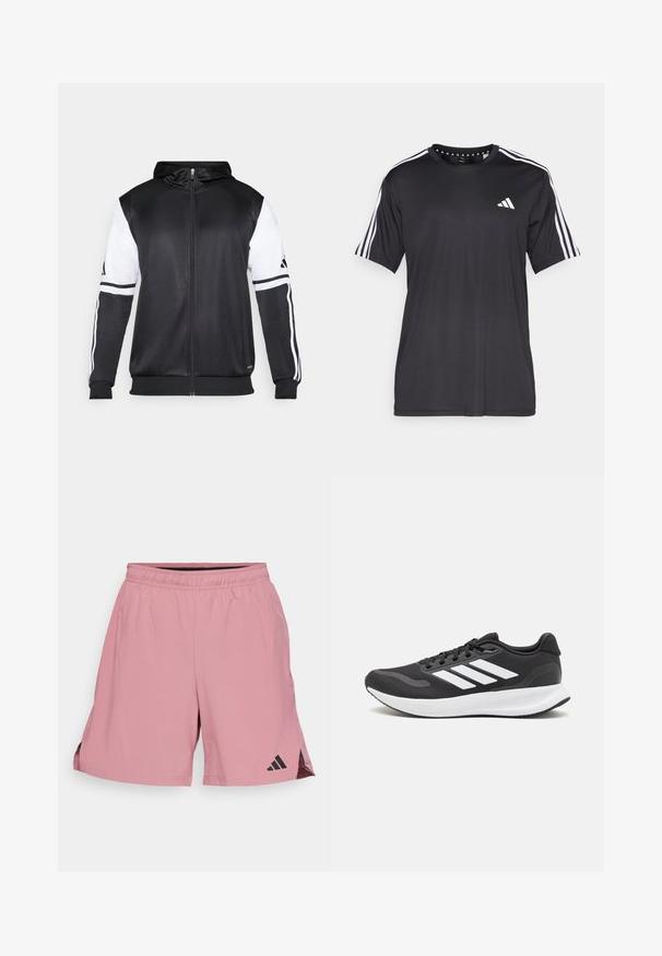 Must eltavõttega must kapuutsiga sviiter, millel on valged varrukad ja kolm valget triipu mööda käsi. Valmistatud siledast ja kergest kangast. Kapuutsi disain on kaasatud.; Mustaline lühikeste varrukatega t-särk musta värviga, millel on valge kolme triibu disain õlgadel ja logo rinnal. Valmistatud hingavast kangast, sile tekstuur.; adidas Performance D4T WORKOUT - Spordišortsid - preloved crimson; Mustmust valmistatud õhulise võrgu ülemise osa, valgete aktsentidega ja pehme tallaga must sportlik king. Küljel on kolm triipu kujutav logo.