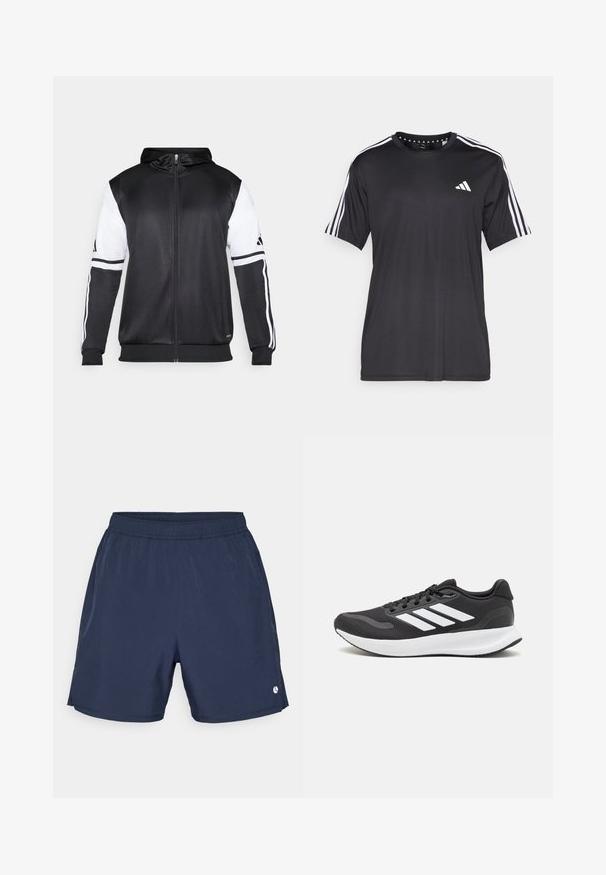 Svart zip-up hoodie med vita ärmar och tre vita ränder längs armarna. Tillverkad av ett mjukt och lätt tyg. Design av hoodie ingår.; Svart t-shirt med kort ärm och vit tre-stripes design på axlarna samt logotyp på bröstet. Tillverkad av andningsbart tyg med slät textur.; Marina blå shorts i lätt tyg, med elastisk midja och en liten logotyp på nedre högra sidan. Slät textur, knälång.; Svart atletisk sko med andningsbar mesh-överdel, vita detaljer och en dämpad sula. Har tre ränder logo på sidan.