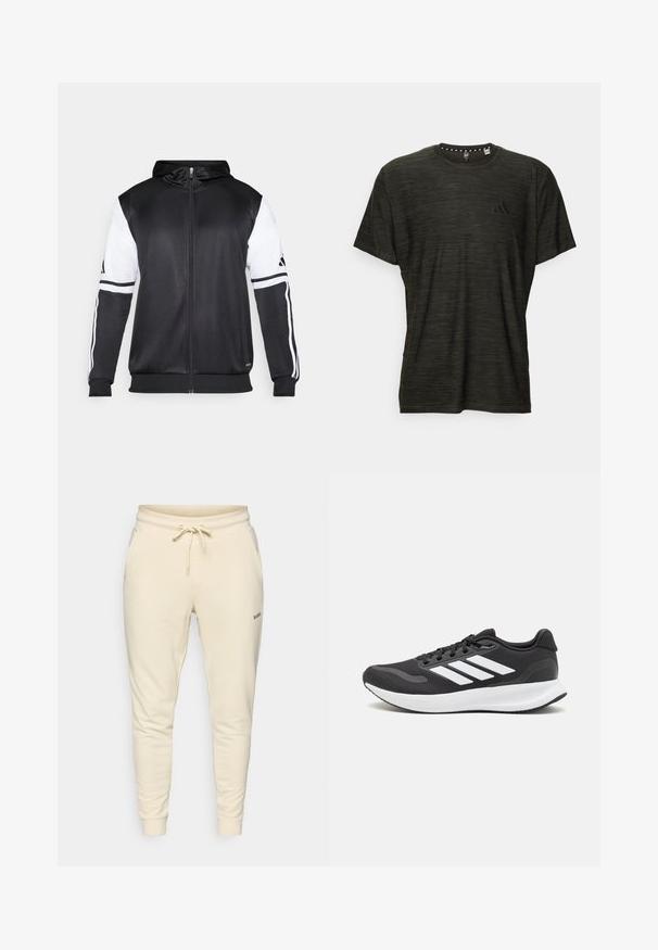 Fekete zipzáras kapucnis pulóver, fehér ujjakkal és három fehér csíkkal a karokon. Simább, könnyű anyagból készült. A kapucnis pulóver dizájnja is benne van.; Sötétzöld, rövid ujjas póló, textúrált mintával, kerek nyakkivágással és egy kicsi fekete logóval a mellkason. Simán záródó alsó szegély.; Krém színű, puha anyagú melegítőnadrág, elasztikus derékkal és húzózsinórral, oldalsó zsebekkel és bordázott mandzsettákkal.; Fekete sportcipő légáteresztő hálós felsőrésszel, fehér kiegészítőkkel és párnázott talppal. Az oldalon három csíkkal ellátott logó található.