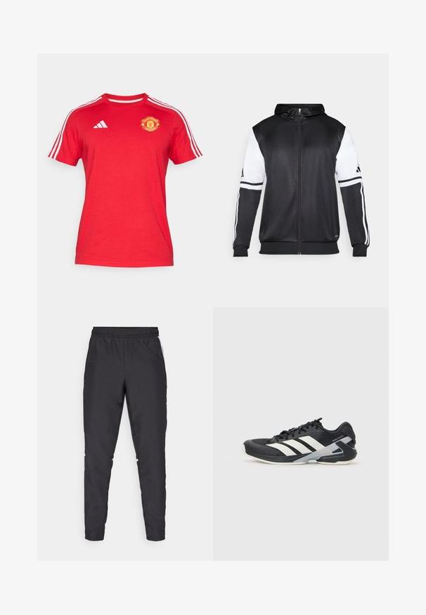 Sweatshirt preto com fecho, apresentando mangas brancas e três riscas brancas ao longo dos braços. Feito de um tecido suave e leve. Design do capuz incluído.; Camiseta de algodão vermelha com mangas curtas, apresenta riscas brancas da Adidas nos ombros e o logótipo do Manchester United no peito.; Calças atléticas pretas com um cós elástico, pernas ajustadas e acentos brancos nas laterais. Feitas de material sintético com uma textura suave.; Sapata atlética preta com riscas brancas, parte superior em malha, biqueira arredondada e sola acolchoada. Apresenta um calcanhar texturizado e um sistema de atacadores seguro.