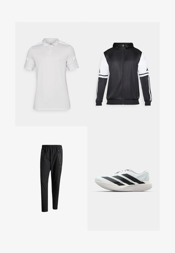 Svart hettegenser med glidelås som har hvite ermer og tre hvite striper langs armene. Laget av et glatt, lett stoff. Designet inkluderer hettegenseren.; Hvit polo skjorte laget av teksturert stoff, med en klassisk krage, tre-knapp placket, og tre hvite striper på skuldrene.; Svarte treningsbukser med elastisk liv, to glidelåslommer på sidene, avsmalnende ben og en subtil logo detalj ved hoften.; Lette løpesko i lys blå med svarte striper. Har en myk overdel, rund tå og tykk hvit mellomsole merket "LIGHTSTRIKE PRO."