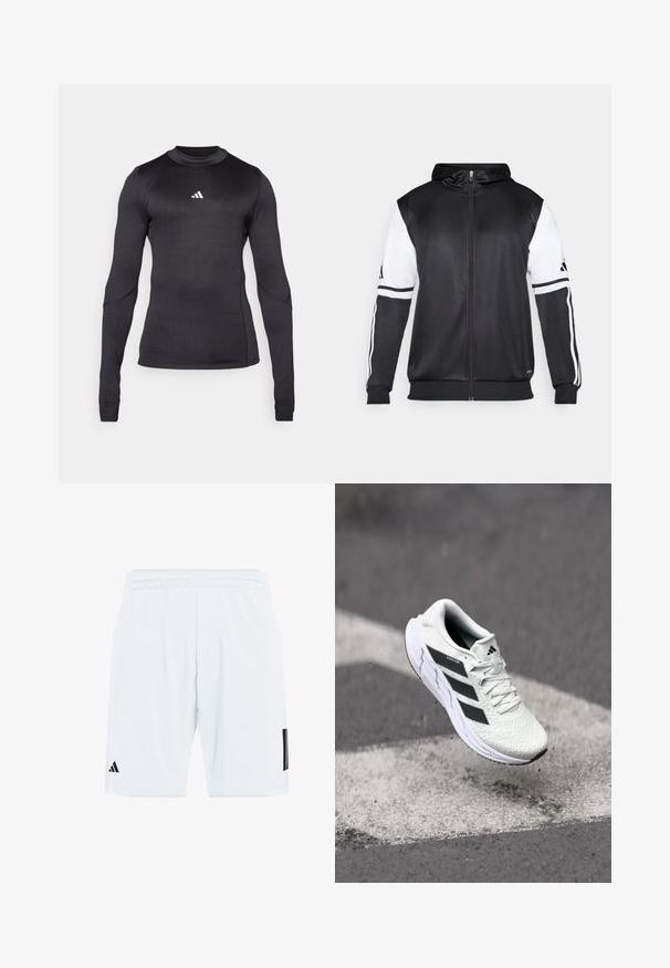 Fekete zipzáras kapucnis pulóver, fehér ujjakkal és három fehér csíkkal a karokon. Simább, könnyű anyagból készült. A kapucnis pulóver dizájnja is benne van.; Hosszú ujjú sport póló fekete színben, keskeny szabással, kerek nyakkivágással, fehér Adidas logóval a mellkason. Sima, rugalmas anyag.; Fehér sport rövidnadrág elasztikus derékpánttal, oldalán három fekete csíkkal és a bal alsó lábszáron fekete logóval.; Fehér sportcipő texturált hálós felsőrésszel, fekete csíkokkal, fűzős záródással és párnázott talppal, egy megjelölt útfelület felett lebeg.