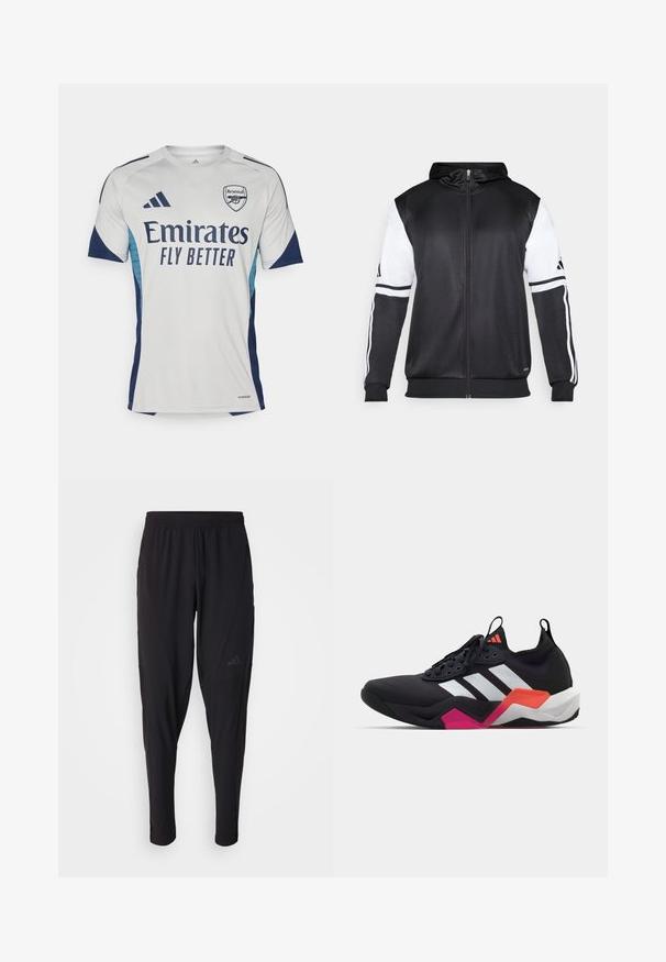 Black zip-up hoodie featuring white sleeves and three white stripes along the arms. Made from a smooth, lightweight fabric. Hoodie design included.; White short-sleeve jersey with navy accents and light blue sides. Features "Emirates FLY BETTER" prominently on the front and club logo.; Black athletic pants with an elastic waistband, tapered design, side pockets, and subtle logo detail. Made from flexible, breathable fabric.; Black athletic shoe with white stripes, textured upper, and a chunky sole featuring orange, pink, and white accents. Laced design with pull tab.