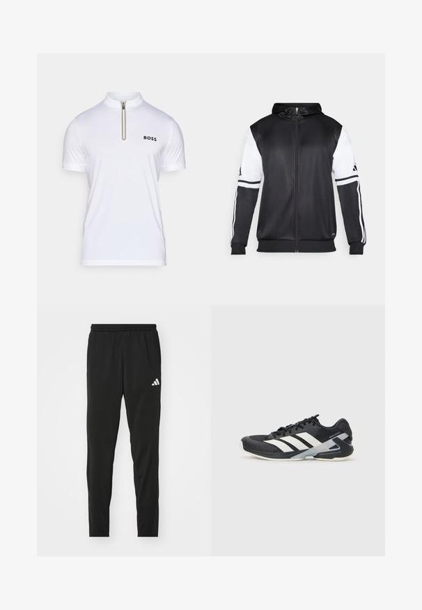 Svart hettegenser med glidelås som har hvite ermer og tre hvite striper langs armene. Laget av et glatt, lett stoff. Designet inkluderer hettegenseren.; Hvit kortermet polo skjorte med ståendekrage, halv glidelås og svart logo. Har et teksturert stoff for pusteevne.; Svarte treningsbukser med elastisk midje, innsvingt design og hvit Adidas-logo på venstre lår. Glatt, lett stoff.; Svart treningssko med hvite striper, mesh-overdel, avrundet tå og polstret såle. Har en teksturert hæl og et sikkert snøresystem.