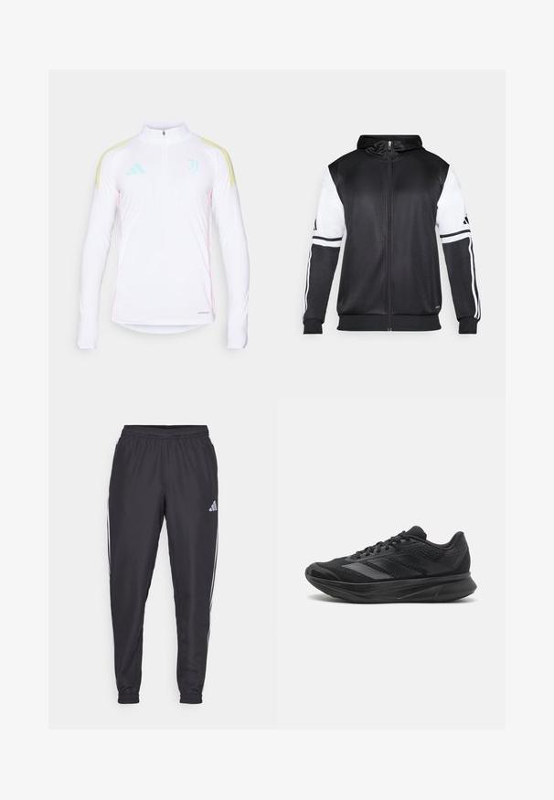 Sort zip-up hættetrøje med hvide ærmer og tre hvide striber langs armene. Lavet af et glat, letvægtsstof. Designet til hættetrøjen er inkluderet.; Hvid langærmet atletiktop med halv-zip, gule skulderstriber, mintgrønne detaljer og pink sidesømme. Har Aeroready branding.; Svarte sportbukser med elastisk talje, med hvide striber langs siderne og et lille logo ved hoften. Glat tekstur.; Sort atletisk sko med mesh og syntetiske materialer, strømlinet design, buet sål og tekstureret detalje på overdelen.