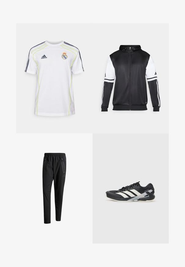 Zwarte zip-up hoodie met witte mouwen en drie witte strepen langs de armen. Gemaakt van een gladde, lichte stof. Inclusief ontwerp van de hoodie.; Witte t-shirt met korte mouwen en groene accenten, marineblauwe strepen op de schouders en geborduurd logo op de borst. Gemaakt van ademende stof.; Zwarte sportbroeken met een elastische tailleband, twee ritszakken aan de zijkant, taps toelopende pijpen en een subtiele logo-detail op de heup.; Zwarte sportschoen met witte strepen, bovenwerk van mesh, ronde neus en geveerde zool. Heeft een getextureerde hak en een veilig vetersysteem.