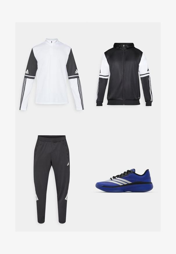 Black zip-up hoodie featuring white sleeves and three white stripes along the arms. Made from a smooth, lightweight fabric. Hoodie design included.; Long-sleeve athletic top featuring a white body and black sleeves, with a quarter-zip neck, Adidas logo, and contrasting stripes on the arms.; Black athletic pants with tapered legs, elastic waistband, side pockets, and white logo and stripes detailing. Made from a smooth, lightweight material.; adidas Performance ADIZERO SELECT 3.0 - Basketball shoes - lucid blue/core black/metallic