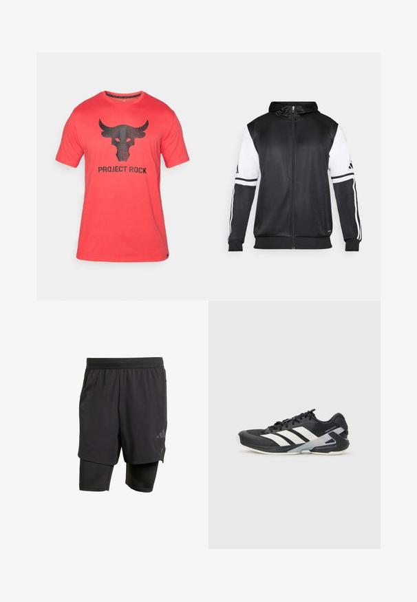 Zwarte zip-up hoodie met witte mouwen en drie witte strepen langs de armen. Gemaakt van een gladde, lichte stof. Inclusief ontwerp van de hoodie.; Rode korte mouwen t-shirt in het rood met een versleten zwart stierenkop grafiek en de tekst "PROJECT ROCK" eronder. Gemaakt van een zachte stof.; Zwarte sportshorts met geïntegreerde binnenlaag, gemaakt van ademend materiaal. Bevat een subtiele logo en gestructureerde textuur. Verstelbare tailleband.; Zwarte sportschoen met witte strepen, bovenwerk van mesh, ronde neus en geveerde zool. Heeft een getextureerde hak en een veilig vetersysteem.
