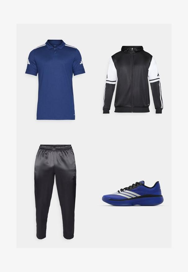Fekete zipzáras kapucnis pulóver, fehér ujjakkal és három fehér csíkkal a karokon. Simább, könnyű anyagból készült. A kapucnis pulóver dizájnja is benne van.; Sötétkék polo felső, lélegző anyagból készült, rövid ujjú, gallérral, három gombos nyakkal, és három fehér csíkkal a vállán.; Fekete sportnadrág sima, könnyű anyagból, rugalmas derékpánttal. Bal oldalon egy kis logó található, lábszárai pedig tapered fazonúak.; adidas Performance ADIZERO SELECT 3.0 - Kosárlabdacipők - lucid blue/core black/metallic