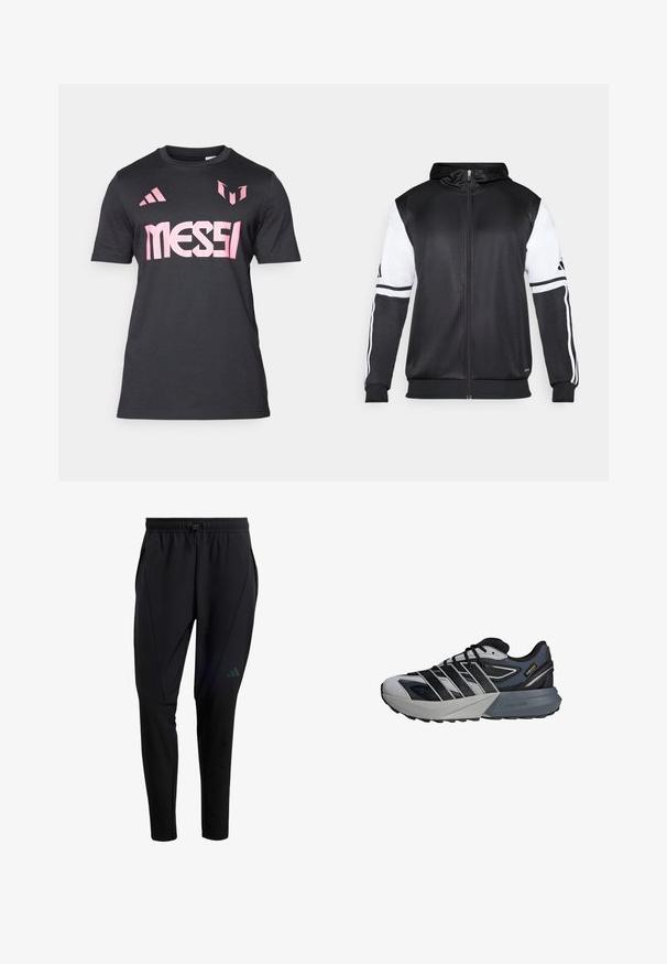 Zwarte zip-up hoodie met witte mouwen en drie witte strepen langs de armen. Gemaakt van een gladde, lichte stof. Inclusief ontwerp van de hoodie.; Zwarte t-shirt met korte mouwen van lichtgewicht stof, met een prominente roze "MESSI" logo en Adidas accenten op de schouders.; adidas Performance DESIGNED FOR COLD.RDY - Trainingsbroek - black; Sportschoenen met een zwart en grijze bovenkant, gekenmerkt door een textuurontwerp, een opvallend vetersysteem en een gevoerde lichtgrijze zool.