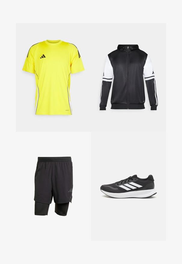 Fekete zipzáras kapucnis pulóver, fehér ujjakkal és három fehér csíkkal a karokon. Simább, könnyű anyagból készült. A kapucnis pulóver dizájnja is benne van.; Sárga sportpóló fekete csíkokkal és részletekkel. Könnyű anyagból készült, rövid ujjak és kerek nyakkivágás jellemzi.; Fekete sportnadrág beépített belső résszel, lélegző anyagból készült. Diszkrét logóval és struktúrált textúrával rendelkezik. Állítható derékpánt.; Fekete sportcipő légáteresztő hálós felsőrésszel, fehér kiegészítőkkel és párnázott talppal. Az oldalon három csíkkal ellátott logó található.