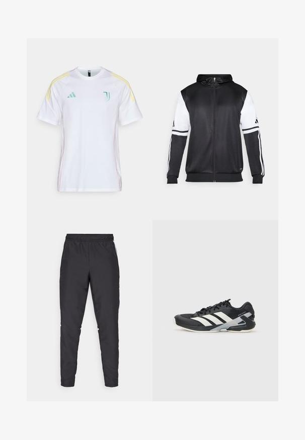 Sort zip-up hættetrøje med hvide ærmer og tre hvide striber langs armene. Lavet af et glat, letvægtsstof. Designet til hættetrøjen er inkluderet.; Hvid kortærmet trøje med kontrastfarvede gule striber på skuldrene. Har et broderet grønt logo på brystet og rosa stikninger i siden.; Sorte atletiske bukser med elastisk talje, snævre ben og hvide sidelæggi. Fremstillet af syntetisk materiale med en glat overflade.; Sort sportsko med hvide striber, mesh-overdel, rund tå og dæmpet sål. Har en tekstureret hæl og et sikkert snøresystem.