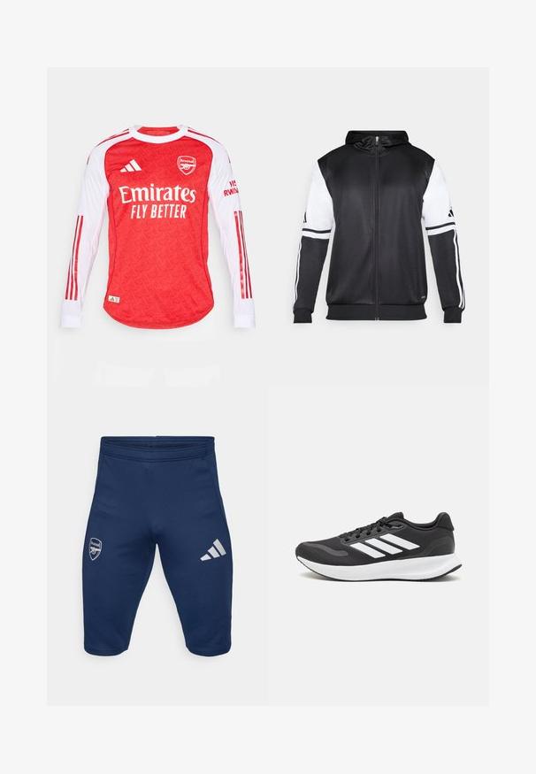 Sweatshirt preto com fecho, apresentando mangas brancas e três riscas brancas ao longo dos braços. Feito de um tecido suave e leve. Design do capuz incluído.; Jersey de manga longa vermelho com textura estampada, mangas brancas e riscas vermelhas. Apresenta o logo do Arsenal e o texto "Emirates Fly Better".; Calções de desporto azuis marinhos feitos de tecido elástico, com o logo do Arsenal na perna esquerda e três riscas brancas da Adidas na perna direita.; Shoe de atletismo preto com parte superior em malha respirável, detalhes brancos e sola almofadada. Apresenta o logotipo das três riscas na lateral.
