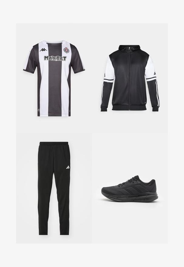 Black zip-up hoodie featuring white sleeves and three white stripes along the arms. Made from a smooth, lightweight fabric. Hoodie design included.; Black and white striped football jersey with short sleeves, collar, Kappa logo, and "MAXBET" printed in bold on the front.; Black athletic pants with an elastic waistband, tapered design, and a white Adidas logo on the left thigh. Smooth, lightweight fabric.; Black athletic shoe with a mesh upper, rubber sole, textured design, and three stripes detail on the side. Foam cushioning for comfort.