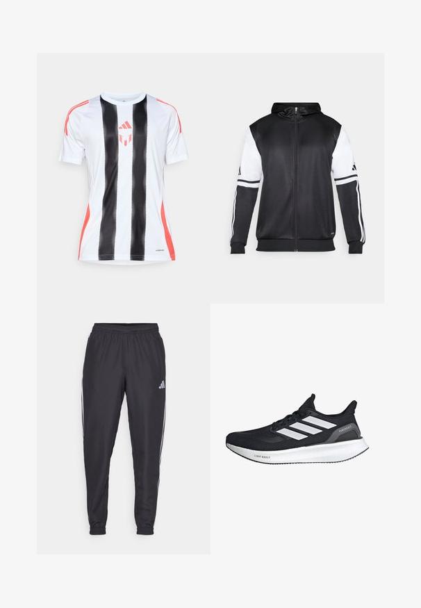 Black zip-up hoodie featuring white sleeves and three white stripes along the arms. Made from a smooth, lightweight fabric. Hoodie design included.; White athletic jersey with black vertical stripes and red accents on shoulders. Features AeroReady technology for moisture management.; Black athletic pants with an elastic waistband, featuring white stripes along the sides and a small logo on the hip. Smooth texture.; Black running shoe with white three-stripe design. Breathable mesh upper, cushioned white sole with "LIGHT BOOST" text, and minimalistic accents.