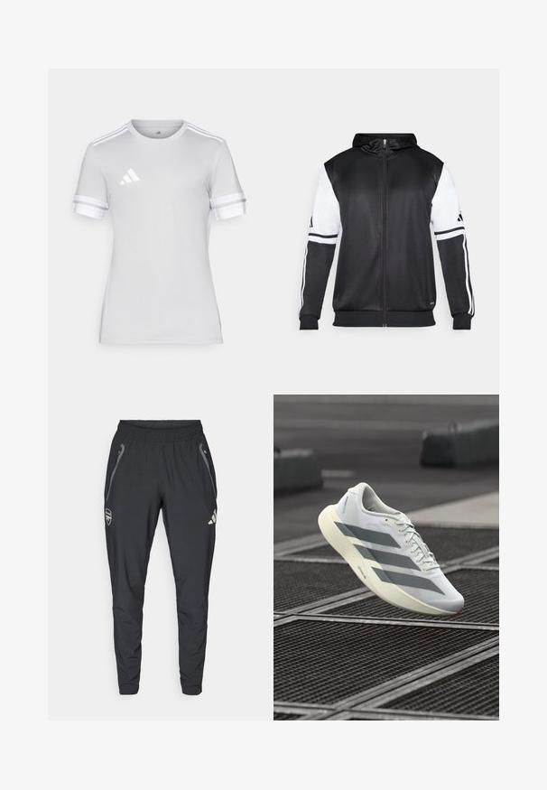 Mustapohjainen vetsaritakki, jossa on valkoiset hihnat ja kolme valkoista raitaa hihassa. Valmistettu sileästä, kevyestä kankaasta. Mukana hupparisuunnittelu.; Urheilullinen lyhythihainen paita, vaalea harmaa kangas, pyöreä pääntie, valkoiset kolmi-nauhat hihassa, pieni heijastava logo rinnassa.; adidas Performance ARSENAL FC TIRO25 COMPETITION VIS TECH TRAVEL PANT - Joukkuetuote - black; Valkoinen urheilukenkä, jossa on teksturoitu verkkokangas päällinen, harmaat raidat ja pehmustettu pohja. Kevyt muotoilu, joka sopii juoksuun.